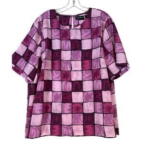 Maggie Barnes Womens 2X Purple Pink Geometric‎ Grid Short Sleeve Blouse Barbie